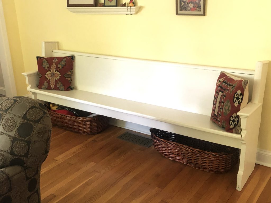 Upcycled church pew in ivory lace