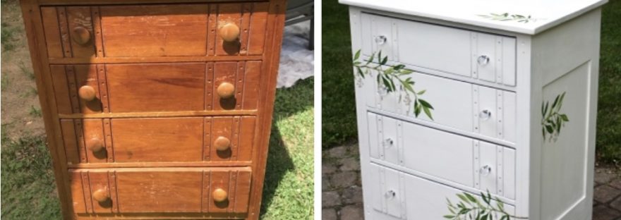 White 4 drawer dresser before and after with floral accents