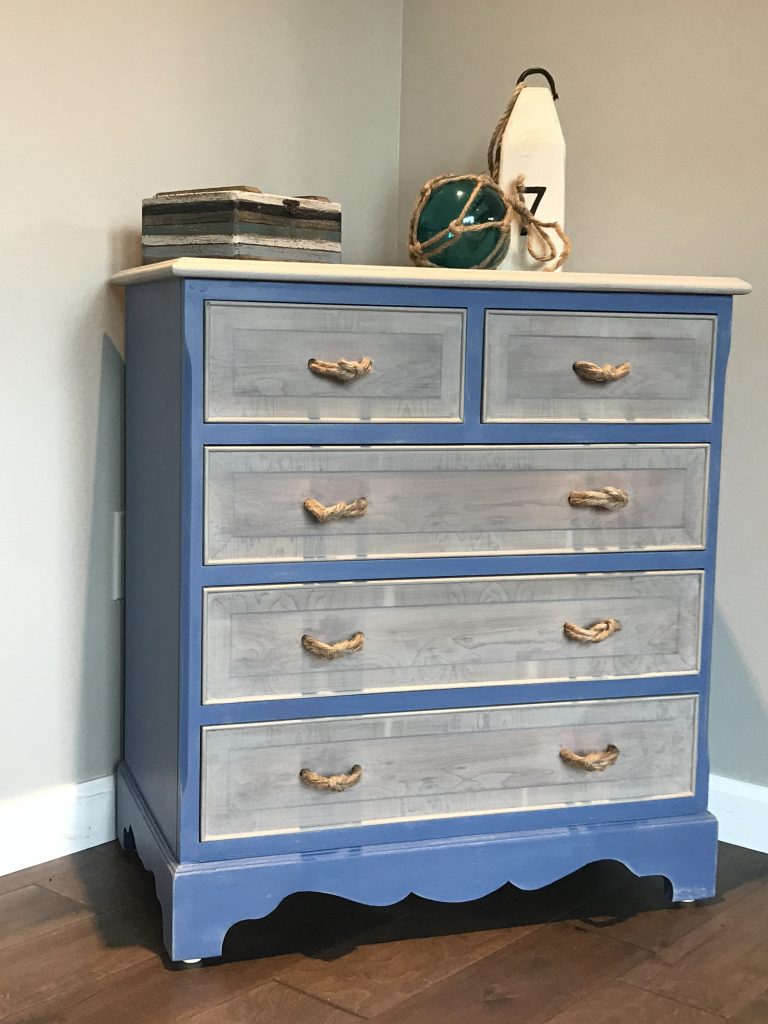 Small dresser makeover after-coastal vibe with driftwood and ocean blue finish